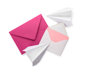 Envelopes with card and paper planes isolated on white background