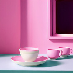 Pink mugs on the background of a pink wall with a window. Bright pink interior. AI generation.