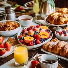 Brunch spread with a variet of dishes pastries. Village Breakfast with pastries, vegetables, greens, spreads, cheeses, fried eggs, jams.