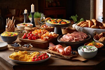 Brunch spread with a variet of dishes pastries. Village Breakfast with pastries, vegetables,...