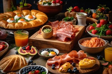 Brunch spread with a variet of dishes pastries. Village Breakfast with pastries, vegetables,...