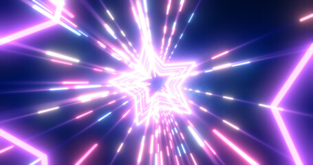 Abstract purple energy futuristic hi-tech tunnel of flying stars and lines neon magic glowing background