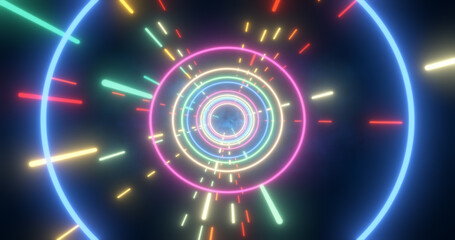 Abstract multi-colored energy futuristic hi-tech tunnel of flying circles and lines neon magic glowing background