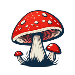 A groovy illustration featuring a red mushroom with surrounding flowers, evoking a trippy and psychedelic retro vibe