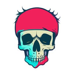 Isolated illustration of a vibrant and colorful skull head with intricate tattoo-style designs, highlighting the combination of human and skeletal elements