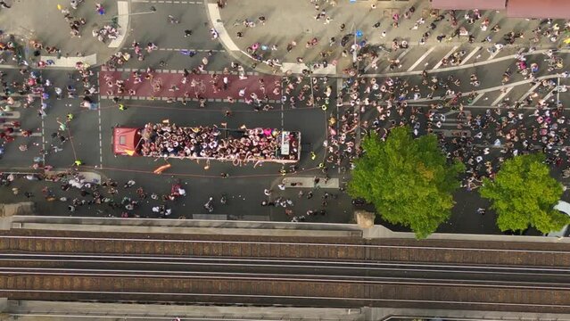 truck, Best aerial top view flight
CSD Pride Love Parade 2023 in city Berlin Germany Summer day. vertical bird's eye view drone
4K Cinematic footage.
