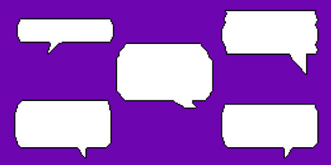 Pixel dialogue white box set in purple background. Speech pixel bubble for chat and game. Cloud talk for retro game. Vector illustration