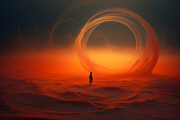 beautiful surreal abstract desert landscape with swirling fog and person silhouetted