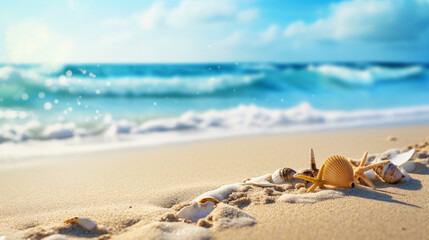 Naklejka na ściany i meble Tropical summer beach with golden sand on blurred background