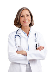 Portrait, woman and doctor with crossed arms for confidence, pride and healthcare career. Medical,...