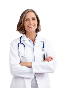 Portrait, woman and doctor with crossed arms for confidence, pride and healthcare career. Medical, smile and happy female surgeon professional from Canada isolated by a transparent png background.