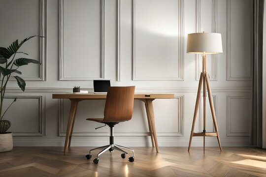Generate an image of a contemporary desk lamp with a sleek design, positioned on a glass table, with the lamp turned on to illuminate the surrounding area.