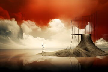beautiful surreal abstract landscape with lake mountain person and red cloudy sky