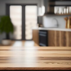 Wood table with blurred modern apartment interior background, Empty wooden tabletop with blurred kitchen background, wood table, AI generate