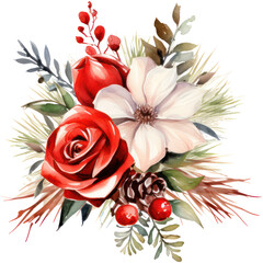 Watercolor Vintage Rose Bouquet. Christmas Theme Illustration.