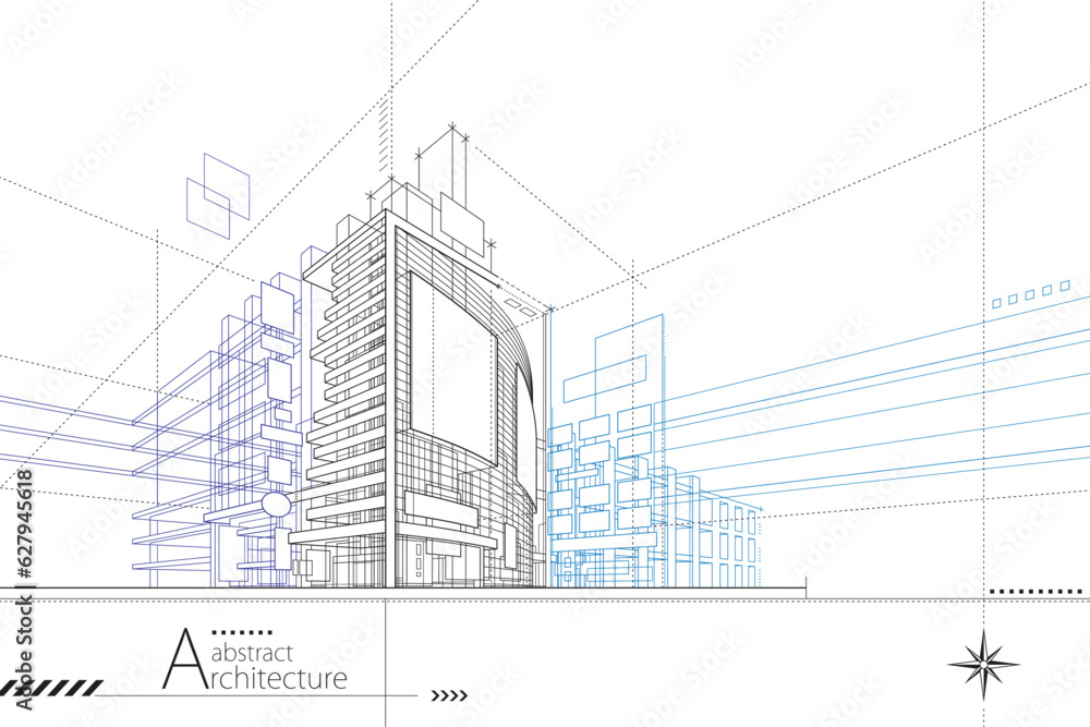 Poster 3d illustration abstract modern urban building out-line drawing of imagination architecture building