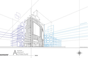 3D illustration abstract modern urban building out-line drawing of imagination architecture building construction perspective design.  - 627945618