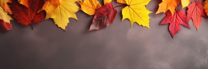 Naklejka na ściany i meble Autumn background with colored leaves on yellow background. Generative AI