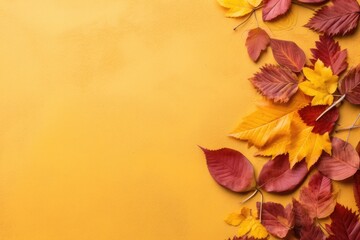 Autumn background with colored leaves on yellow background. Generative AI