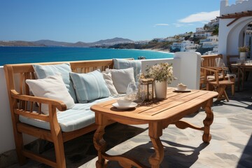 Outdoor seating on a terrace on a Greek island. Generative AI