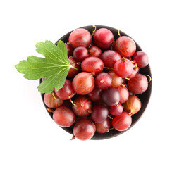 Bowl with fresh gooseberries on white background