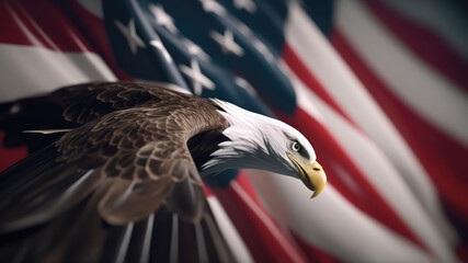 Naklejka premium Wavy Grunge American flag with an eagle symbolizing strength and freedom . 4th of July Memorial or Independence day background. Generative AI technology.