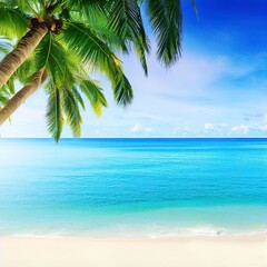 Summer background of Coconut Palm trees on white sandy beach Landscape nature view Romantic ocean bay with blue water and clear blue sky over sea at Phuket island Thailand.