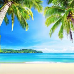 Summer background of Coconut Palm trees on white sandy beach Landscape nature view Romantic ocean bay with blue water and clear blue sky over sea at Phuket island Thailand.