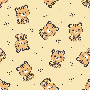 Seamless vector pattern. Cute lion faces in kawaii style on beige background. Vector illustration