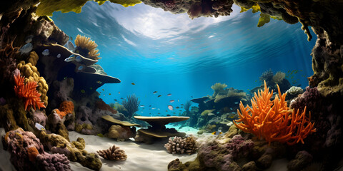 coral reef with fish - obrazy, fototapety, plakaty