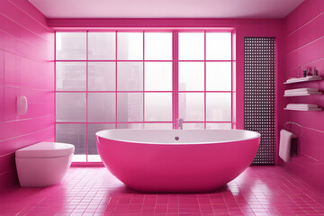 Fototapeta na wymiar Modern pink bathroom interior with bathtub 