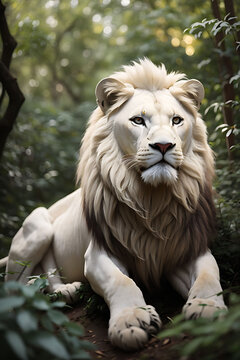 A white lion in a forest This image is generated with the use of an AI