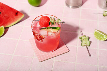 Glass of tasty watermelon cocktail on pink tile background