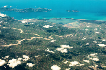 Aerial view of the rugged coastline along Itay The photo was shot on a cloudy day in June