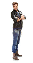 Fototapeta premium Smile, man and arms crossed with leather jacket, cool fashion and trendy modern clothing. Young male person, handsome and isolated on transparent, png background with rocker model from France