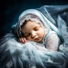 Sleeping baby cover with a light blue veil