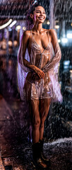 a woman wearing raincoat smiling under rain