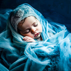 Sleeping baby cover with a blue veil