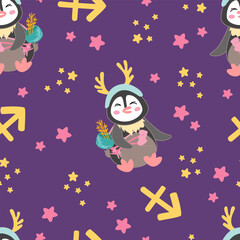 Cute signs zodiac pattern flat. Sagittarius. Hand drawn trendy Vector illustration for kids flat style.