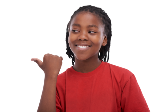 Advertising, smile and happy boy child pointing a promo deal isolated in a transparent or png background. Announcement, African and young kid showing a promotion, sale or choice with happiness