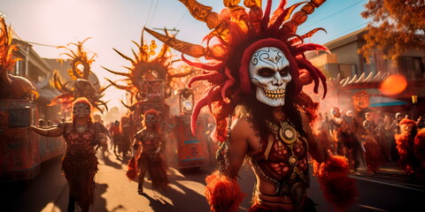 Halloween parade with floats, dancers, and performers dressed in elaborate and creative costumes. Generative Ai