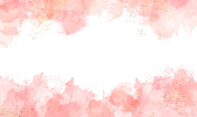 Abstract watercolor or alcohol ink art pink background element with golden crackers. Pastel pink marble drawing effect. template for wedding invitation,decoration, banner, background, png file	
