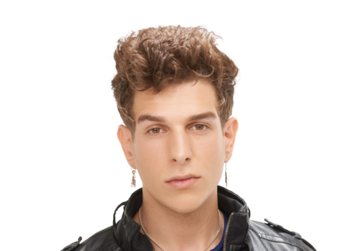 Fashion, style and punk, portrait of man with confidence, attractive student and isolated on transparent png background. Youth, pride and face of male person with trendy rebel clothes for university.