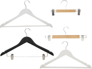 mixed wooden clothing pant hangers, photograph high quality a range of styles