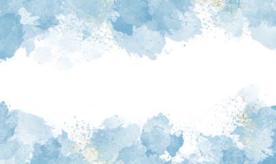 Abstract watercolor or alcohol ink art blue element with golden crackers. Pastel blue marble drawing effect. Illustration template for wedding invitation,decoration, banner, background. png file.
