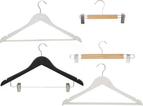 mixed wooden clothing pant hangers, photograph high quality a range of styles