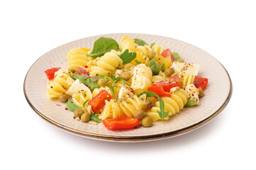 Plate of tasty pasta salad with pepper and peas on white background