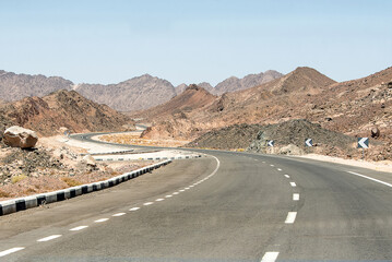 Desert road in Sinai moutain from luxor to kairo in Egypt