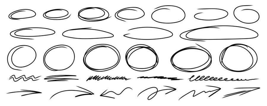 Highlight oval frames, marker arrows, hand drawn underlines lines. Handdrawn scribble doodle circle set. Ovals and ellipses line template. Stock vector illustration isolated on white background.