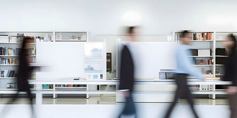 Time lapse photography of fast moving and busy business people in office.